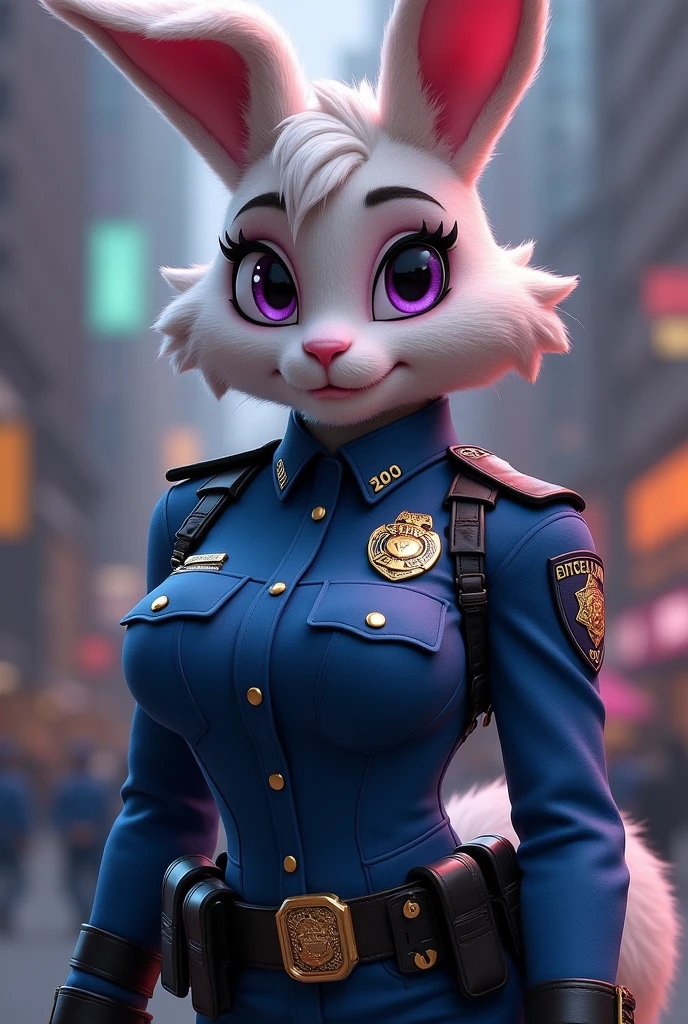 4k, extreme_quality, Extreme_detail, detailed_fur, large breasts, Judy_Hopps, police_uniform, bunny_ears, purple eyes, police_badge, police_patch, police_belt, belt_gun_holster