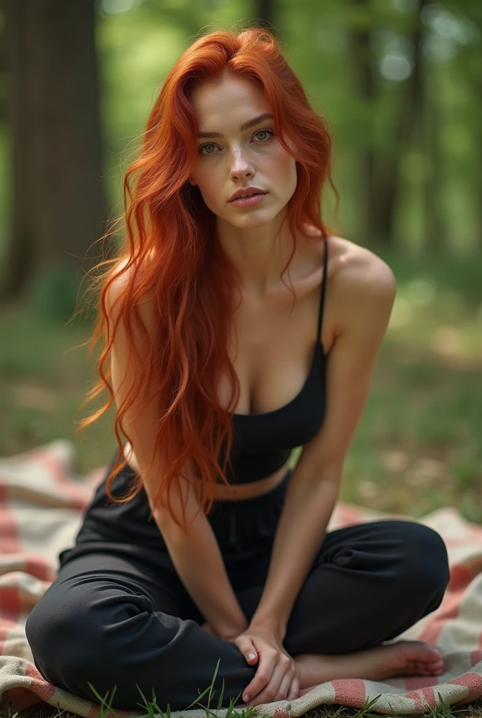 Redhead at the picnic, hair down to neck, barefoot, black sweatpants, Sexy and skinny woman is touched by her boyfriends