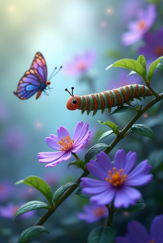 Purple flowers with a butterfly flying, accompanied by a caterpillar on a branch