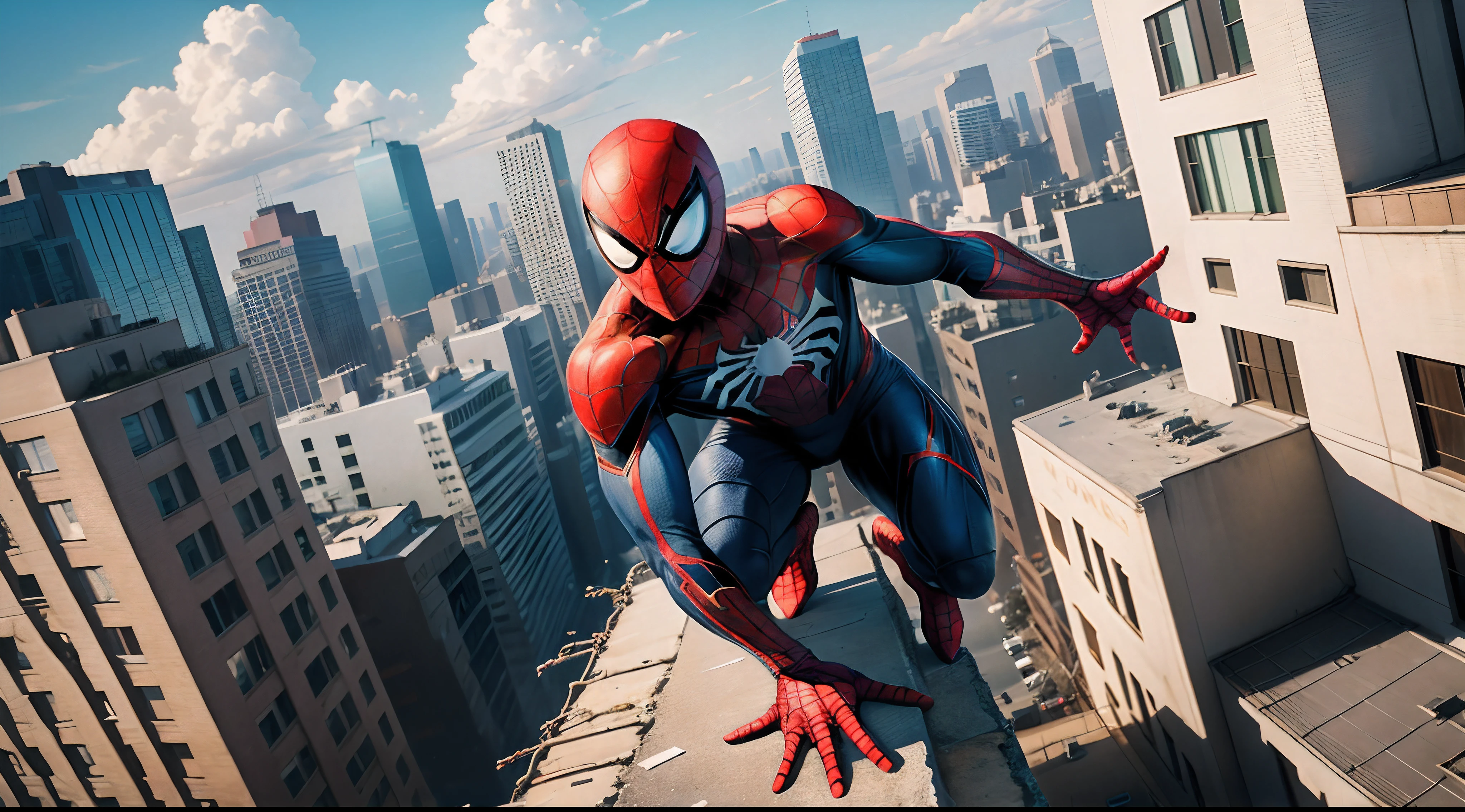 Spider-Man on top of a building handing out $100 bills