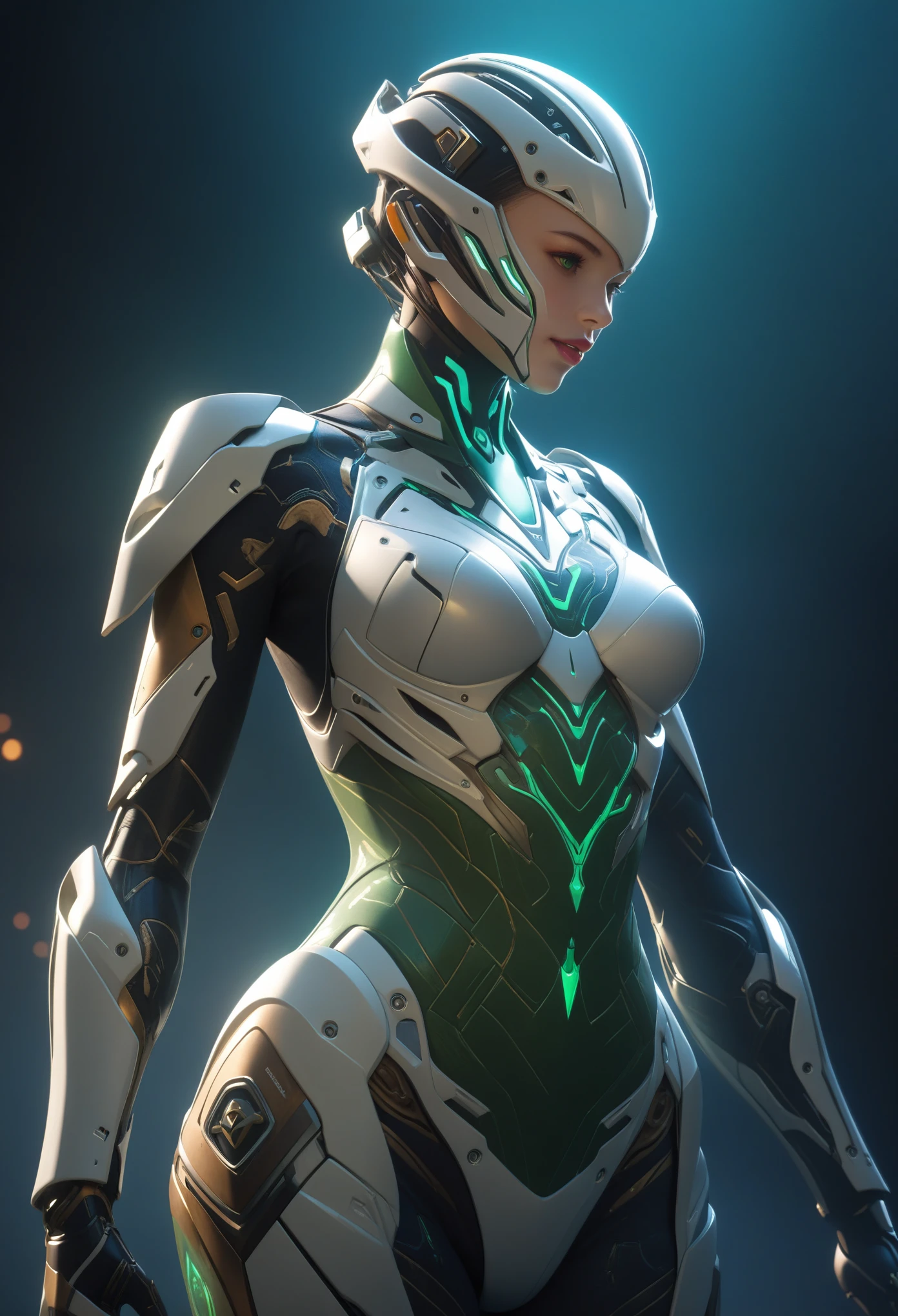 score_9, score_8_up, score_7_up, Wear green and white mechanical clothing, Wonders of the machine, cyber, Cybernetic Guardian, Futuristic Armor, whole body, Front pose, Symmetric, Complex (Steel Metal [rust]), joint, Warframe style, cyborg, Female body armor, (Best Quality, 4K, 8K, High Definition, Masterpiece:1.2), (Ultra Detailed, Realistic, Photorealistic:1.37), detailed fractal patterned skin, cute lips, Bioluminescence, dark aura