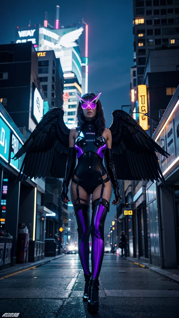 Picture a bird with wings made of LED panels and a tail that serves as a small jet thruster. This bird flies among the tall buildings of a futuristic city with a background filled with neon and holograms.