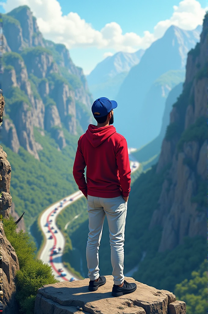 An Indian man sit in high mountain rock see towards mountain road and vehicle going towards mountain road.Man in hoodie in red color white pant black shoes in foot blue hat in head