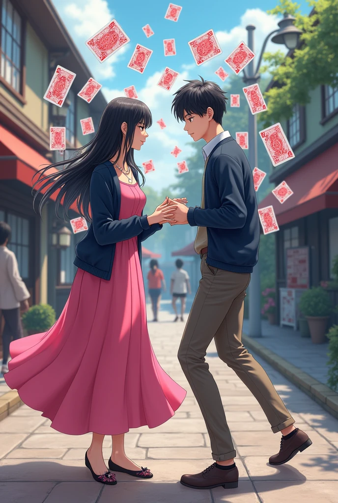 「Wearing a bright pink dress、Wearing a navy blue cardigan、Long black hair hanging down over her shoulders、A small woman with a mature look」and「Male high school student in plain clothes」Please give me an image of them switching places in the town with the effect of magic cards.。