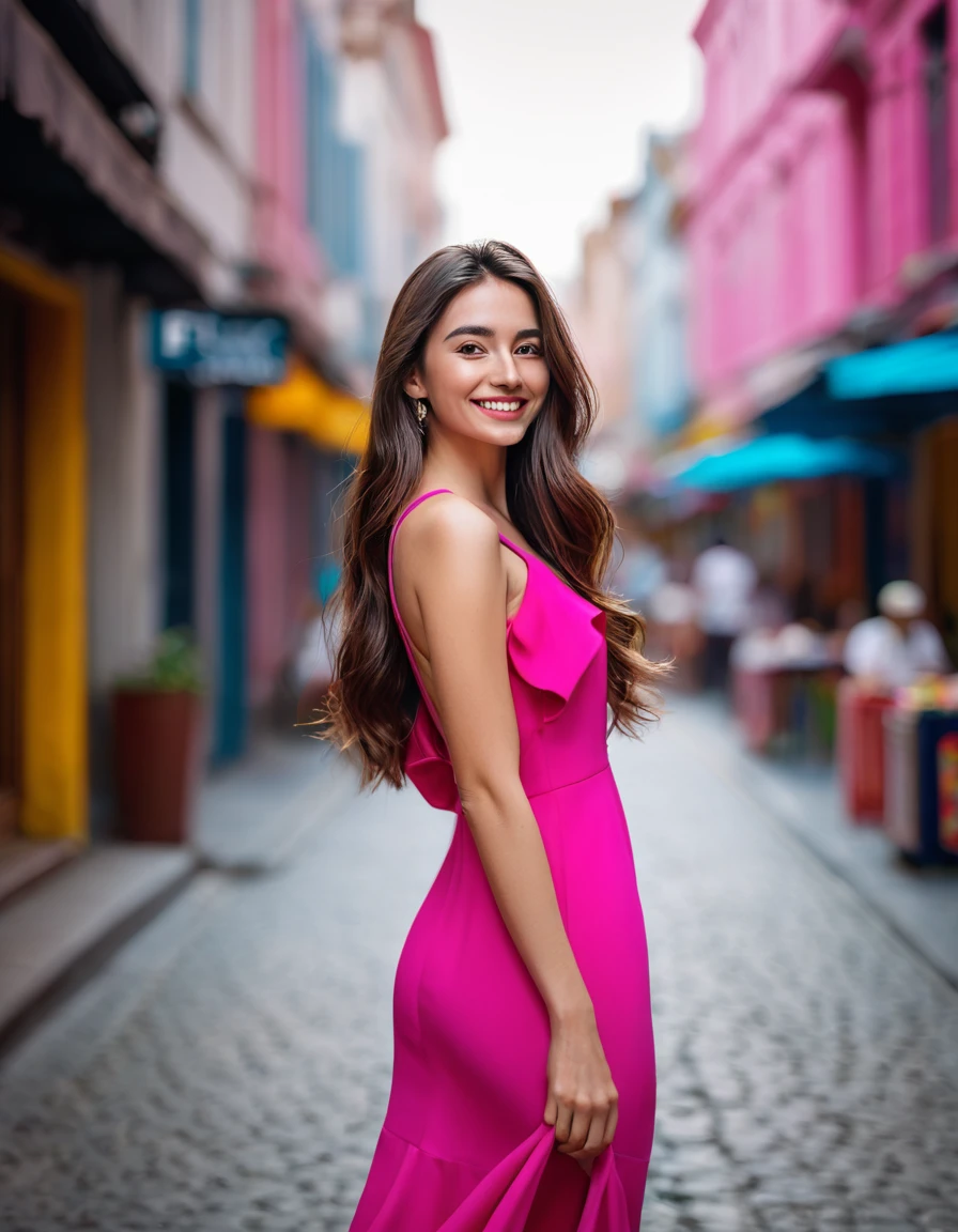 A mesmerizing woman with long brown hair, clad in a striking pink dress, stands out against the vibrant street backdrop. Captured with the sophisticated Sony A7R IV, this full-body shot is taken using a wide-aperture prime lens such as the FE 50mm f/1.4 GM. The small smile illuminates her beautiful face while cascading down her back contrasts the tone. The lens creates a shallow depth of field, effectively isolating the subject against a blurred background, making her the undeniable center of attention.dyamic poses