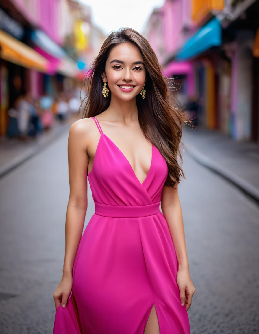 A mesmerizing woman with long brown hair, clad in a striking pink dress, stands out against the vibrant street backdrop. Captured with the sophisticated Sony A7R IV, this full-body shot is taken using a wide-aperture prime lens such as the FE 50mm f/1.4 GM. The small smile illuminates her beautiful face while cascading down her back contrasts the tone. The lens creates a shallow depth of field, effectively isolating the subject against a blurred background, making her the undeniable center of attention.dyamic poses
