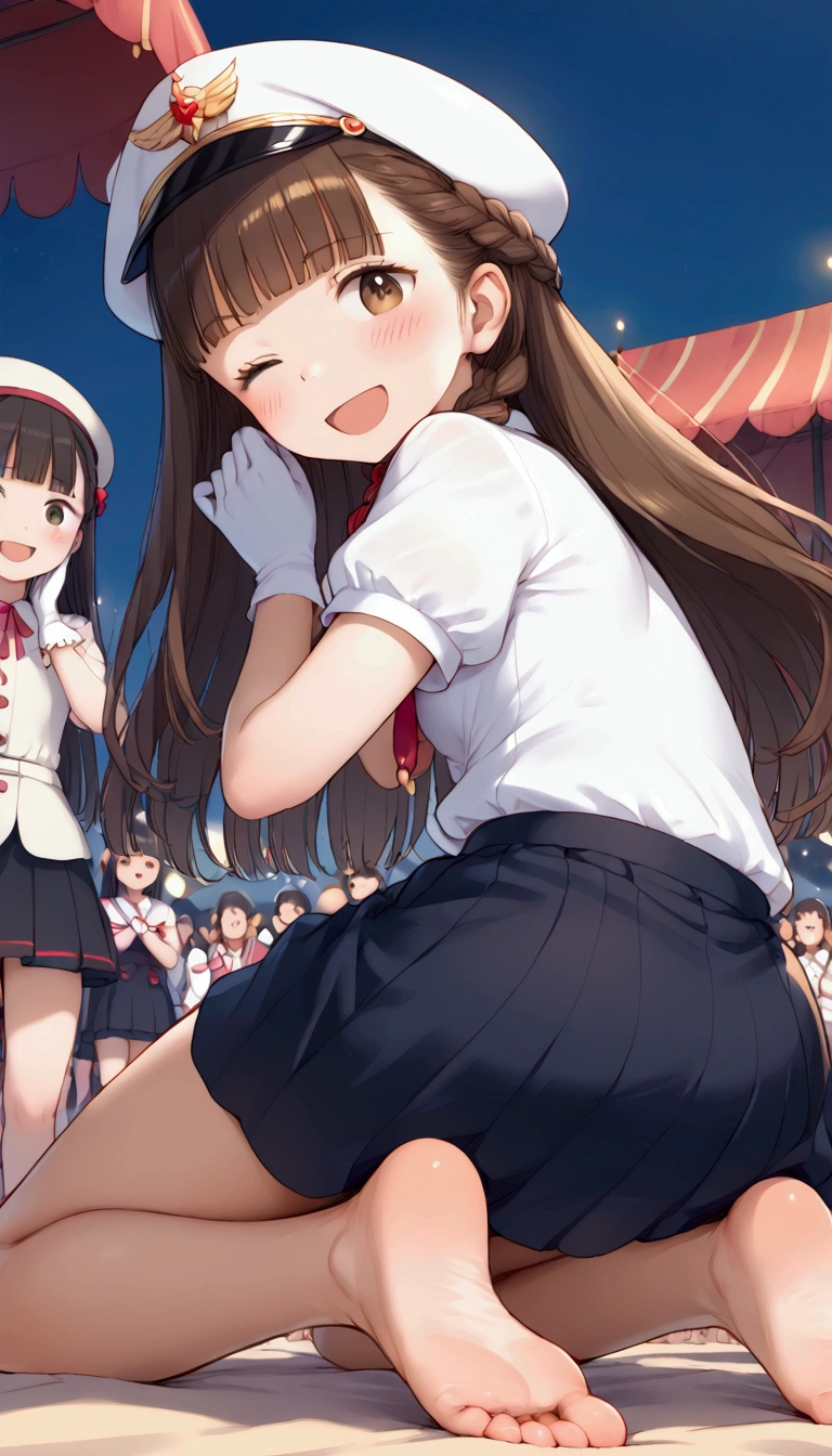 {Highest quality}, {Super beautiful},{Ultra fine},{Best illustration},Brown Hair,Hime cut,long hair,Braid,One woman,Woman kneeling,Strike a pose,Adult women,smile,Excited face,Wink,Uniform cap,White Shirt,Short sleeve,long black skirt,White gloves,Night Festival,Blushing,Slender,barefoot,barefoot,From an angle,From below,Spread your legs,Sole,Back view