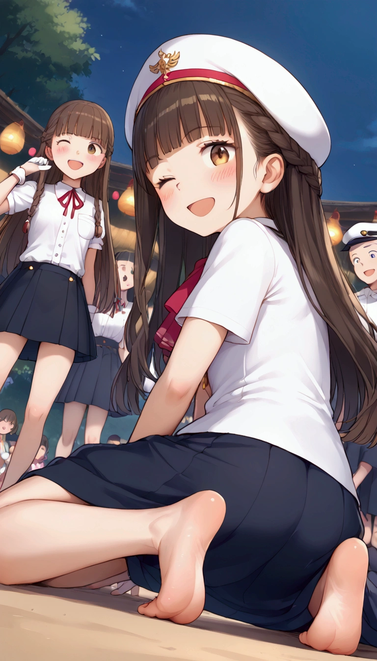 {Highest quality}, {Super beautiful},{Ultra fine},{Best illustration},Brown Hair,Hime cut,long hair,Braid,One woman,Woman kneeling,Strike a pose,Adult women,smile,Excited face,Wink,Uniform cap,White Shirt,Short sleeve,long black skirt,White gloves,Night Festival,Blushing,Slender,barefoot,barefoot,From an angle,From below,Spread your legs,Sole,Back view