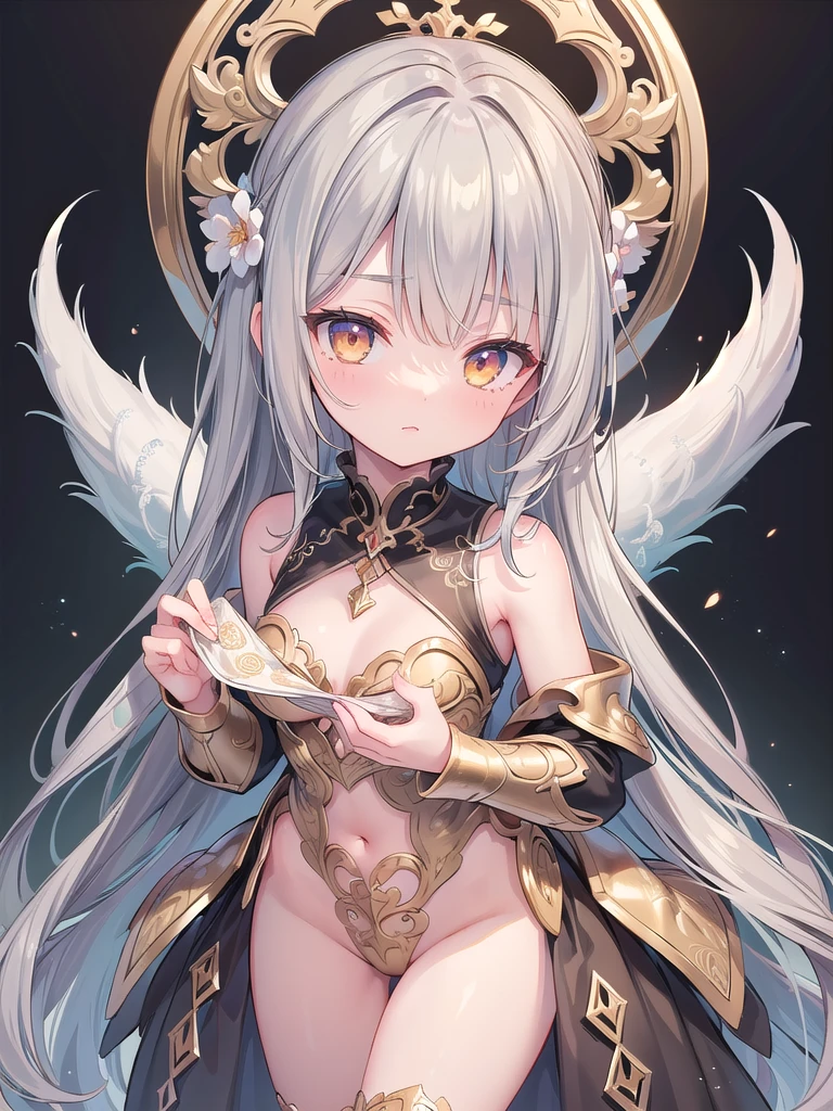 (masterpiece, Best quality, Very detailed CG, Intricate details: 1.2), 8k wallpaper, masterpiece, Best quality, Super Detail,Textured Skin, Very cute face,Ultra HD, Anatomically correct,Gray hair,Double tail,Golden Eyes,Girl,A blank expression,Character Design,Half-length figure,Simple background