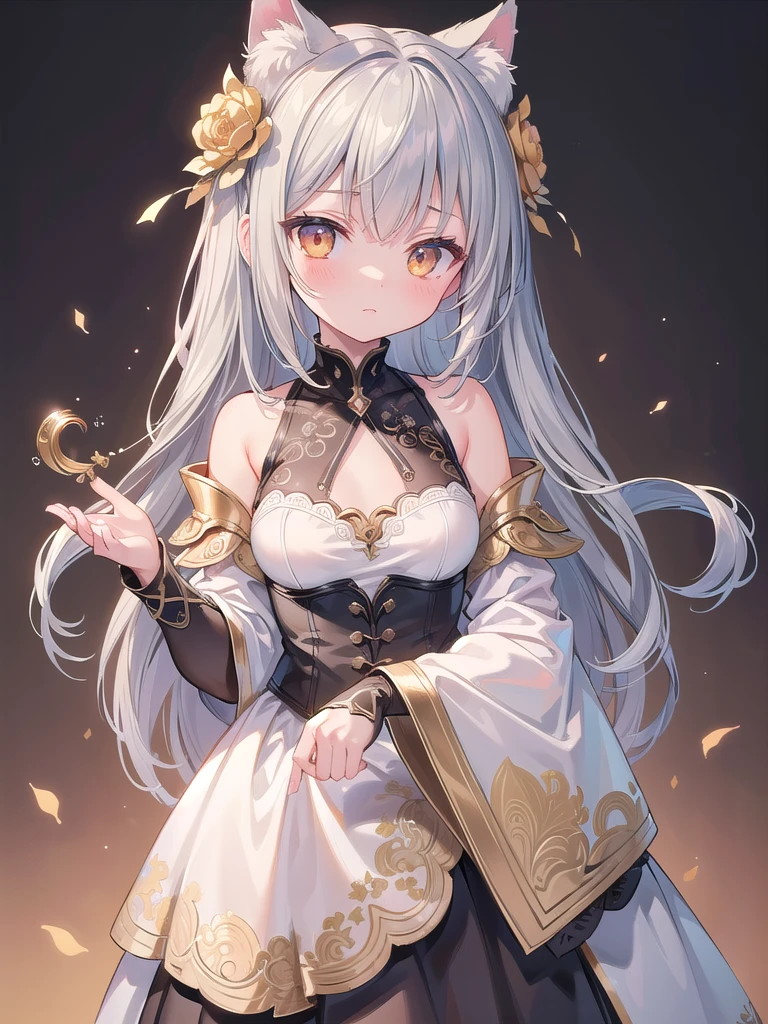 (masterpiece, Best quality, Very detailed CG, Intricate details: 1.2), 8k wallpaper, masterpiece, Best quality, Super Detail,Textured Skin, Very cute face,Ultra HD, Anatomically correct,Gray hair,Double tail,Golden Eyes,Girl,A blank expression,Character Design,Half-length figure,Simple background