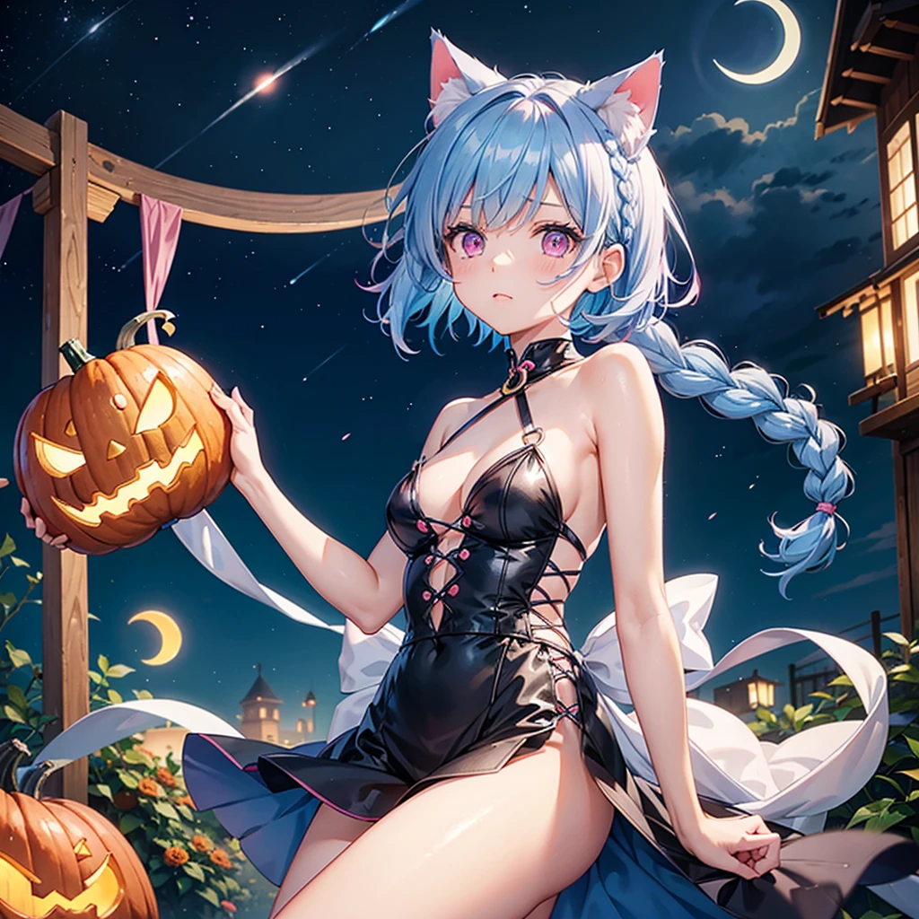 (Sky blue hair),(Braided short hair), (Pink Eyes),Fair skin) ,(whole body),(One Girl),(Crescent Moon),(There are lots of pumpkin ghosts in the background),Cat ear,Cat&#39;s Tail,(Sailor suit),(Ahegao),(Fall into Darkness),If you don't give me sweets, I'll play a prank on you.),Halloween Night Party),(masterpiece, Highest quality, Very detailed, Best Shadow), (Detailed Background), (Beautifully detailed face), High Contrast, (Best lighting, Very delicate and beautiful), ((Cinematic Light)), Hyper Detail,8k, Dramatic Light, Intricate details,night,(Bats flying in the background),Pumpkin handbag,There are sweets in the bag,High quality