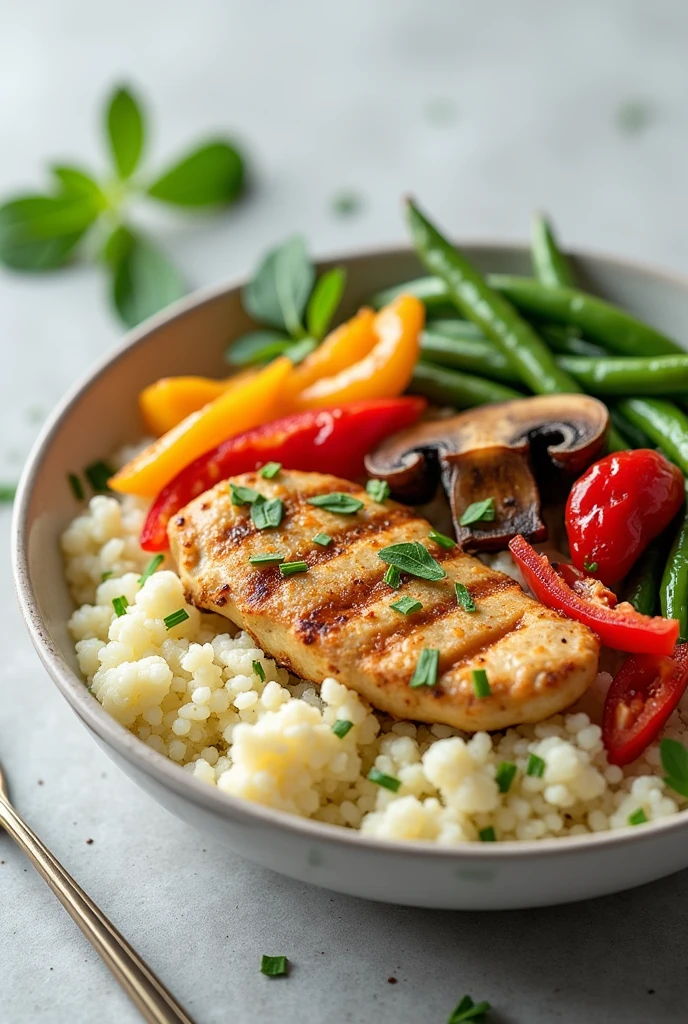 Can you generate A bowl of cauliflower rice topped with grilled chicken and vegetables.