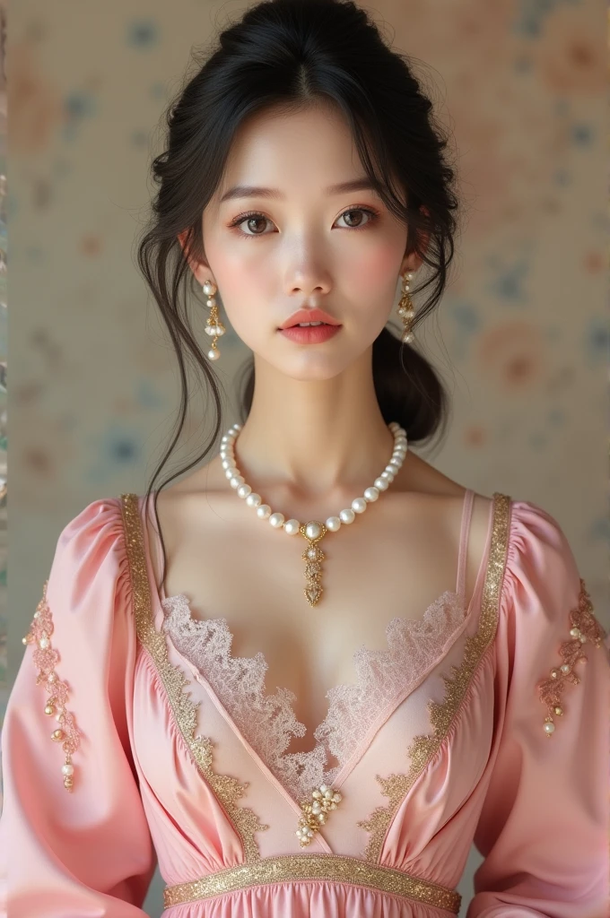 An elegant, mature young woman wearing a pink lolita outfit。Full body front view、Asian、The skin is relatively white、Luxurious clothing、Silky transparent lace on the clothes、Gold wire trim、Jewelry decoration、A pearl necklace hangs around her neck。