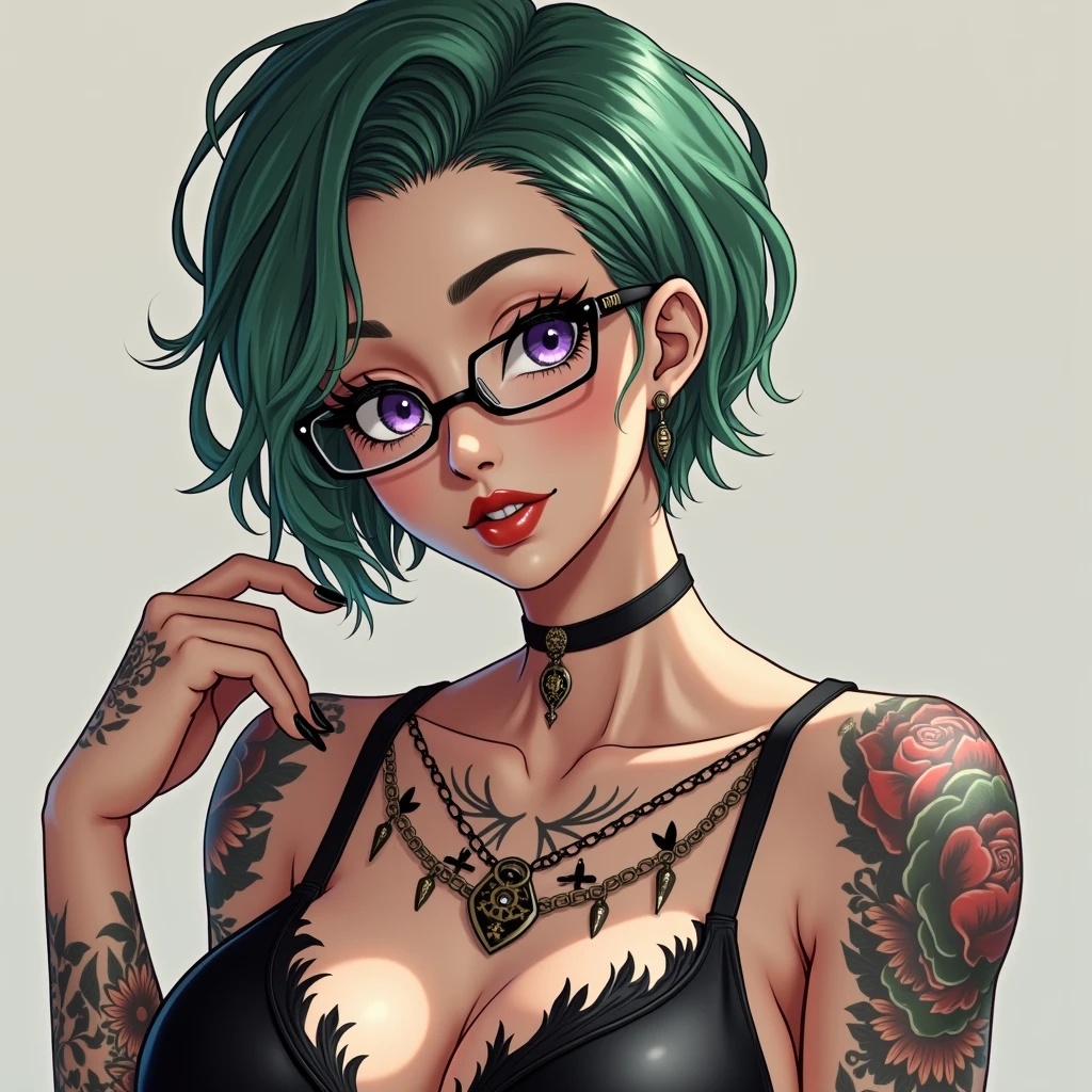 Tomboy female character, green hair, purple eyes, big tits, milf, seductive, tattoos on the body, anime style,HD,4k,nude,maternal,sexy,detailed,stunning,symmetrical,muscular body,short hair,one piece style ,shaved hair,((nude))((muscular body)),amazing tits,gigantics