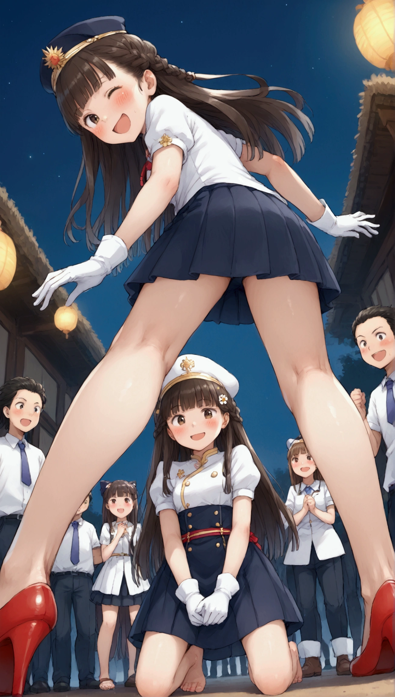 {Highest quality}, {Super beautiful},{Ultra fine},{Best illustration},Brown Hair,Hime cut,long hair,Braid,One woman,Woman kneeling,Strike a pose,Adult women,smile,Excited face,Wink,Uniform cap,White Shirt,Short sleeve,long black skirt,White gloves,Night Festival,Blushing,Slender,barefoot,barefoot,From an angle,From below,Spread your legs,Sole,Back view,From behind