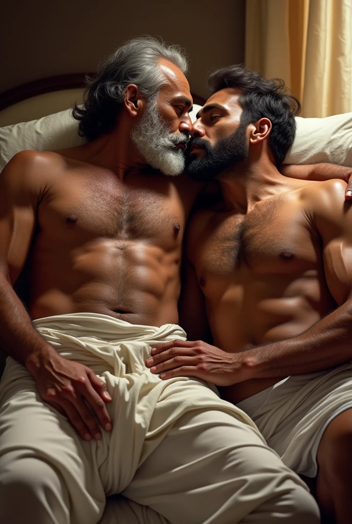 Indian gay old muscle man where white short dhoti open chest with hair in romantic mood hand on ass add some other neck mature man with romance sleep on bed sex positions kiss ass one man in neeker