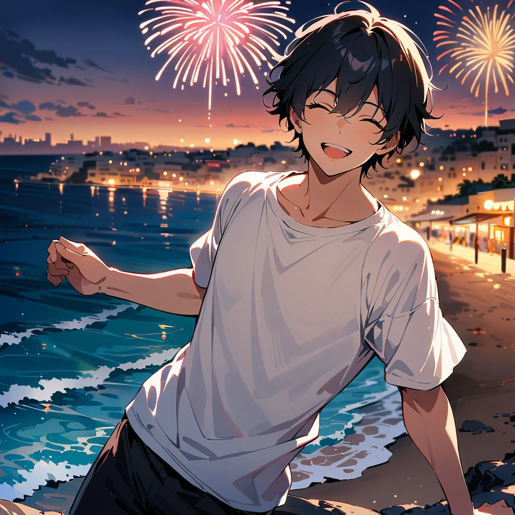 (masterpiece, best quality:1.2),1man, (solo), black short hair, close eyes, magnificent view, blur background, 8K, collarbone, sky, smile, open mouth, Malta, sea, white T-shirt, short pants, Japanese man, fireworks, beach, 30 years old, 