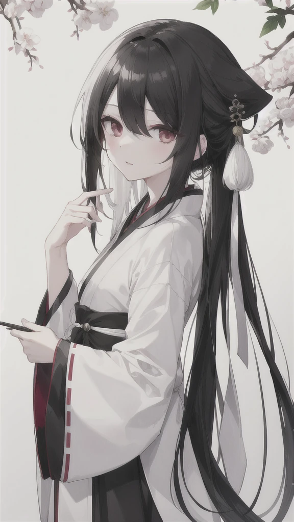 wagtail,Long black hair with white ends,black and white hanfu,The left eye is black,Right eye is silver