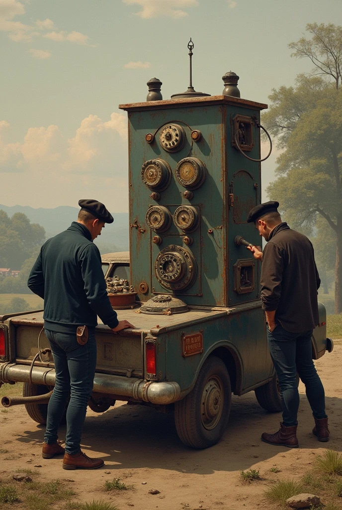 Generate an image of mens installing a large telephone system in a car backside dicky In 18th century 