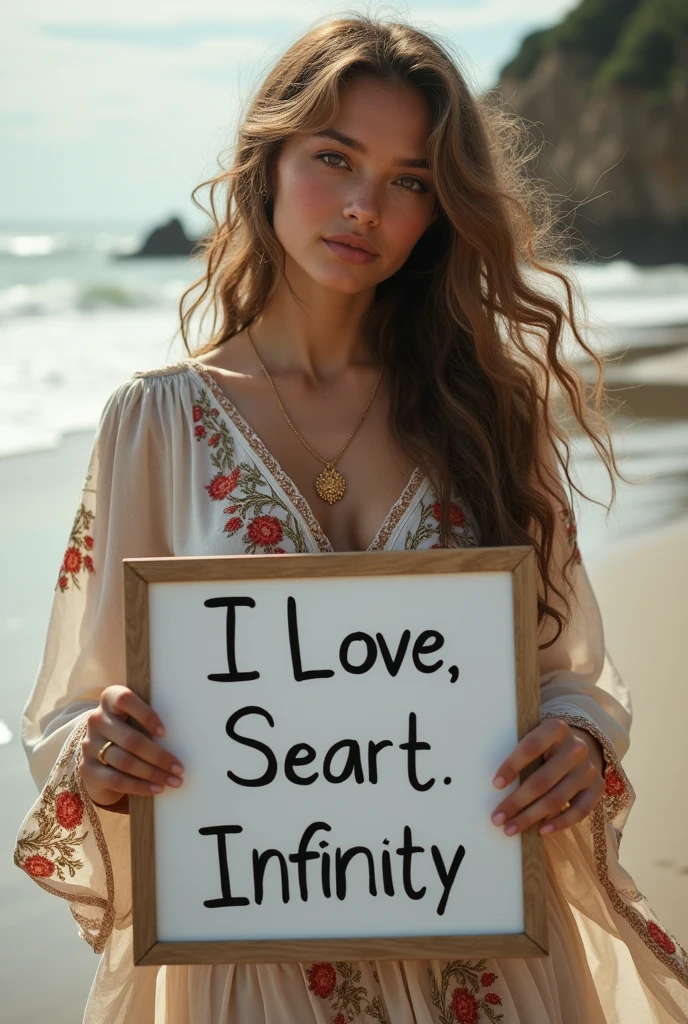 Beautiful girl with wavy long hair, bohemian dress, holding a white board with text "I Love Seaart Infinity" and showing it to the viewer