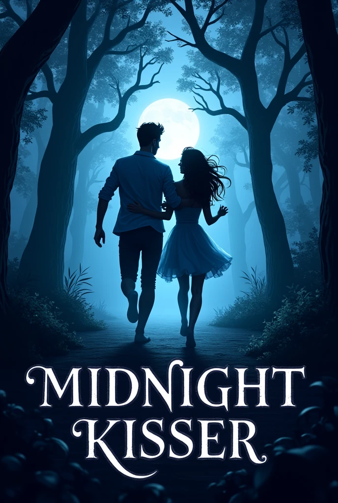 A book cover with a title "Midnight Kisser" in midnight blue pallete with semi realistic couple running at midnight in the forest