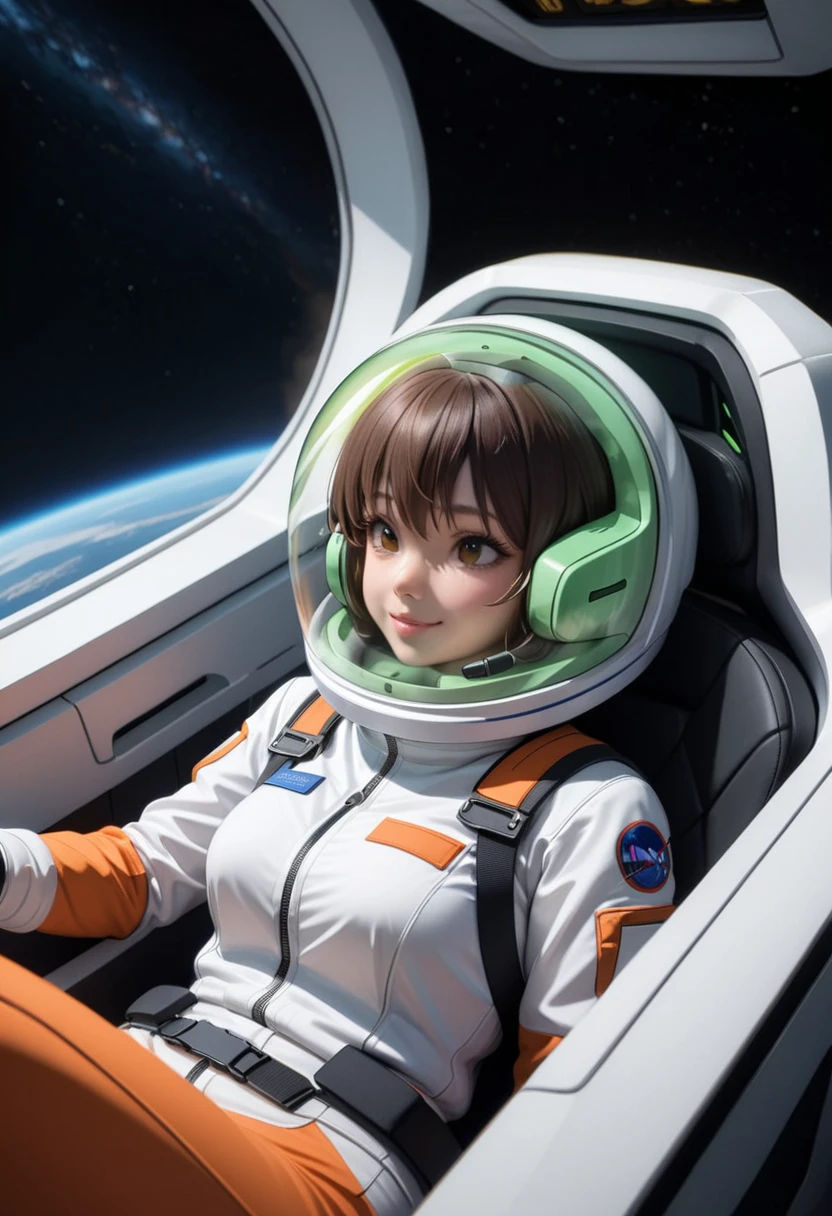 eva helm, spacesuit , astronaut),helmet, space helmet,spacesuit:1.15), white cargo pants, (ugh, wtf do these buttons do:1.3), inside the cockpit of a (futuristic spaceship:1.1), sitting in the captains chair, (intricate control panels:1.3), from side, girl, women, from above, smile