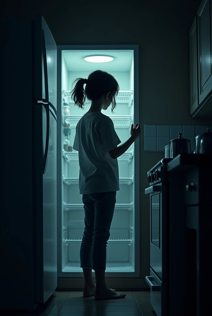 A girl opening fridge in  back pose in the night in the kitchen wearing pant and shirt 