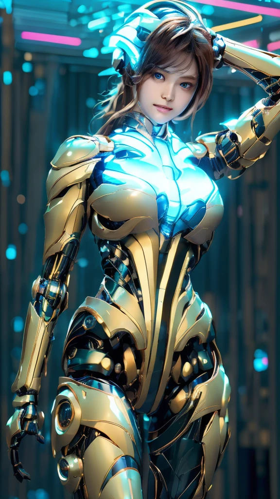 Highest quality, masterpiece, figure, (Realistic, photo-Realistic:1.37), wonderful, In detail, Incredibly absurd, Large file size, Very detailed, High resolution, Very detailed CG Unity 8k wallpaper, Very detailed目と顔, Ray Tracing, Browsing Caution, NUDE, One girl, Korean cyborg girl is innocent and young々Has a sly expression. She poses boldly with her arms raised above her head, Revealing her voluptuous figure. She is wearing a small black mecha armor top that barely covers her breasts., Exposing most of her flawless skin. Her shoulders and head have more armor detailing.、There are shining highlights, Tech Panels and Mechanisms. She is standing against a futuristic cityscape lit up with vibrant neon lights.、Standing full of energy。.