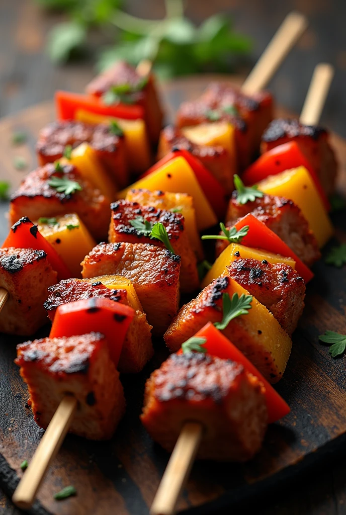 Vector photo: Kebab in wood skewers, text:Chop kabob