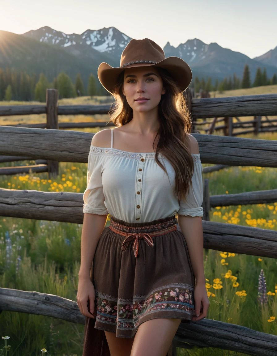 Close-up shot, a western scene, a solo beautiful woman with long brown hair,standing next to a split rail fence in a flower-filled meadow in the Sawtooth Mountains in Idaho as the sun sets; wearing a short, rough material skirt, bandana top, large breasts, no hat, nipples covered, 4k extremely photorealistic, uhd 4k highly detailed, ((ethereal lighting, ultra-high res.photorealistic:.1.4, (high detailed skin:1.2), 8k uhd, dslr, high quality, film grain, Fujifilm XT3,(masterpiece) (best quality) (detailed) (cinematic lighting) (sharp focus) (intricate)