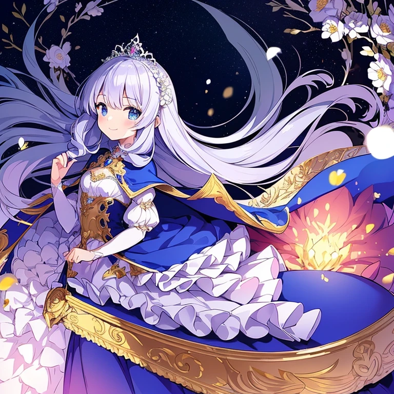 anime style illustration, ultra detailed illustration, looking at viewer,(best quality),(rococo style gown),(long train blue cape:1.15), very long cape,(long train white ball gown with flower decorations:1.1), a girl is wearing a cape over her gown, 1 little princess, tiara, smile, very long hair, small breasts