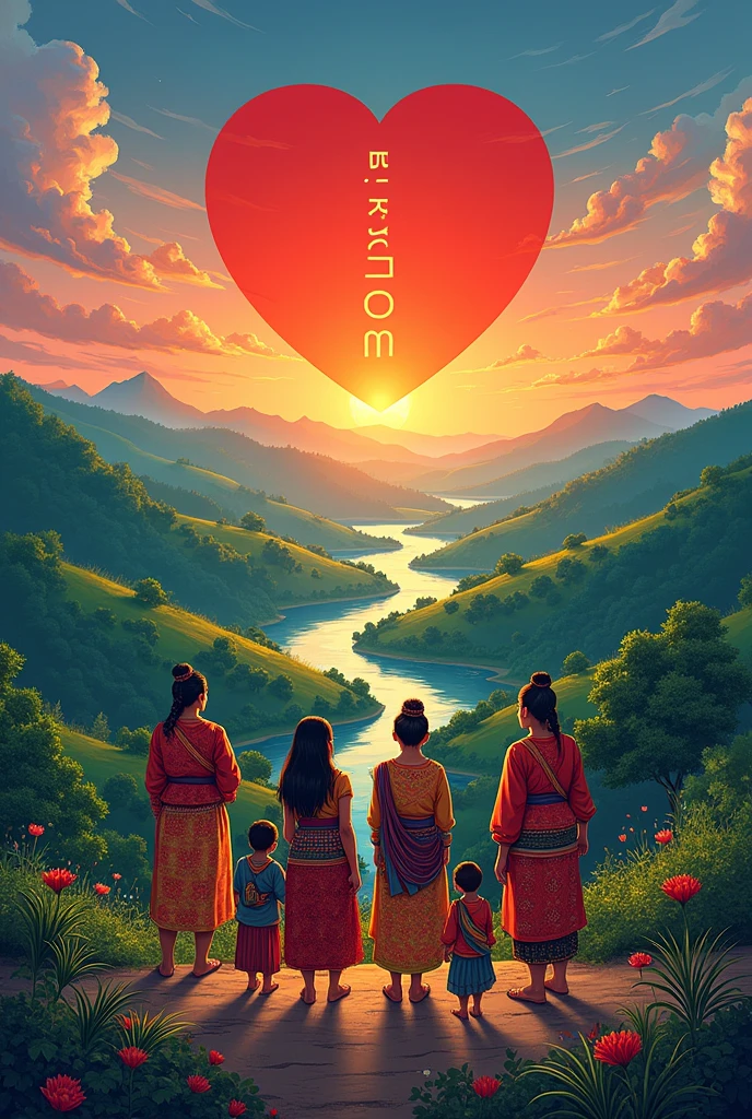 Create a detailed scene that captures the essence of Bodoland, focusing on the "I Love Bodoland" symbol as the central piece. Imagine this symbol set against a stunning landscape, perhaps with lush green hills, a serene river flowing nearby, and a vibrant sunset painting the sky in warm hues. The symbol could be surrounded by local flora, traditional Bodo architecture, and people in traditional attire, capturing the cultural richness of the region. Describe the scene in a way that evokes a sense of pride, peace, and connection to the land.