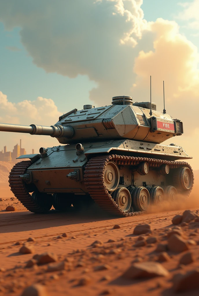 (RAW photo, realistic photo, high quality, masterpiece), caterpillar track, space tank with heavy armour shield and with a label 'fire', moving in space, fast, very fast, shooting laser, cyborg, smoke and dust behind, earth in the sky, ruins in background