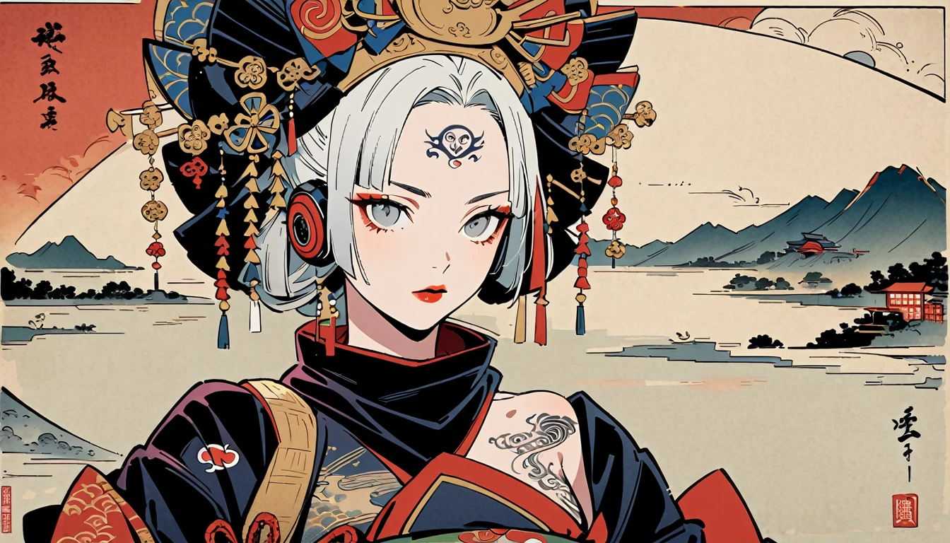 Ink painting, (((1 Ninja Girl))), (((Tattoo in the middle of the forehead))),(((In the background is the Akatsuki moon))), (((Oiran))), (((Great hair accessories))), Japanese style headphones, Demon possession, (((Grey eyes with engraving inside))),Face up close, Japanese beauty, White hair, Sensitive and precise, Modern Ukiyo-e style, Highest quality, katsushika hokusai, (((Elements of horror))), beautiful girl, Sensitive and precise, Modern Ukiyo-e style, Cyberpunk city,