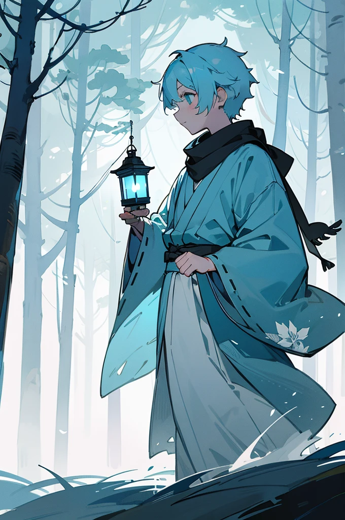 Walking through a forest shrouded in white mist、With short, light blue hair、holding a lantern in one hand、A boy wearing a kimono and a black scarf