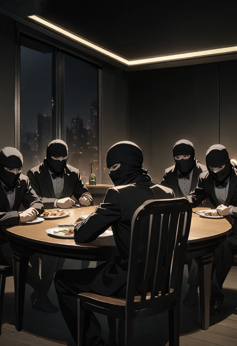 sitting at the table, 10 terrorists, black balaclava, black tuxedo, night, dark room