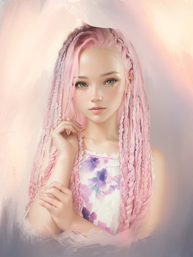 there is a young girl with pink hair and in a pink dress, in digital painting style, detailed color portrait, color portrait, Girl with braids, digital painting cartoon, colored pencil, cute portrait, portrait Digital art, high quality portrait, Digital art portrait, digital fantasy portrait, Digital art!!, in style of Digital art, Digital painting
