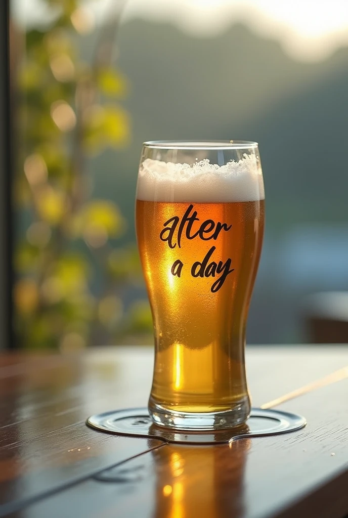Image of water in front hiding the beer that is behind the water and that says after a day