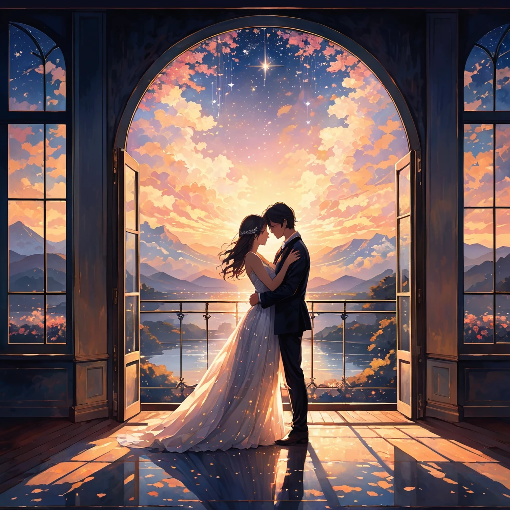 A serene and romantic scene depicting a moment of love and tranquility. The setting is a softly lit room with curtains allowing a gentle, silver light to filter through. Shadows seem to dance closer in this twilight atmosphere. In the foreground, two figures embrace, surrounded by an aura of warmth and tenderness. The background is filled with stars visible through a window, symbolizing hope and promise. The image captures the essence of feeling free and safe in love, with elements of stillness and emotional connection