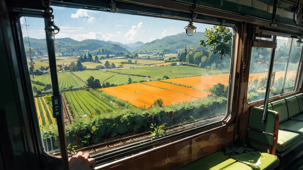 Wide angle,Inside a long-used train in Japan, ((decadent countryside)), 1 girl, ((nostalgic rural scenery ))from the train window. Memories come back to life, evening time, green-blue-orange,(Hanging strap)
