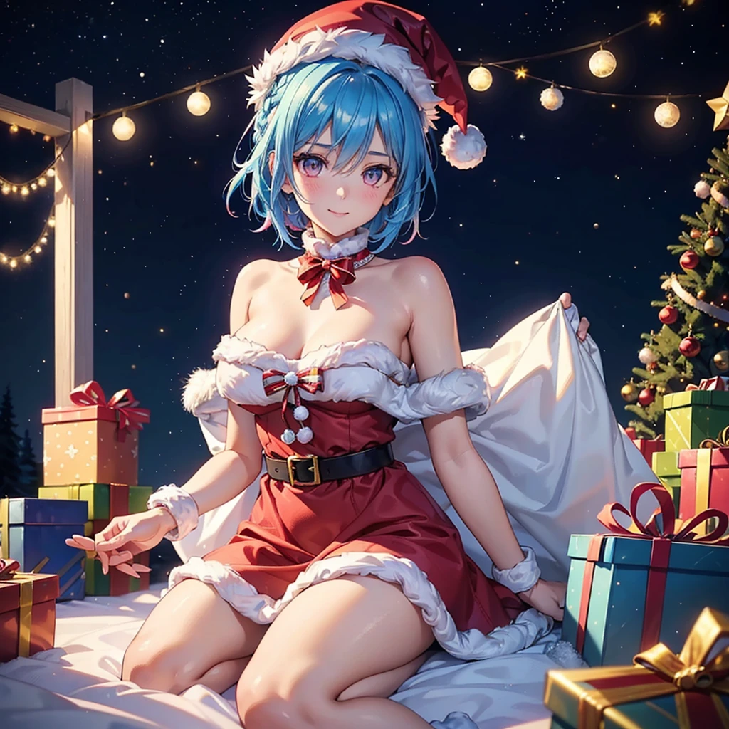 (Sky blue hair),(Braided short hair), (Pink Eyes),Fair skin) ,(whole body),(One Girl),(Gift boxes filling the background),(Santa Claus clothes),(Cute smile),Santa Claus hat,(Christmas Party),(masterpiece, Highest quality, Very detailed, Best Shadow), (Detailed Background), (Beautifully detailed face), High Contrast, (Best lighting, Very delicate and beautiful), ((Cinematic Light)), Hyper Detail,8k, Dramatic Light, Intricate details,night,Christmas tree