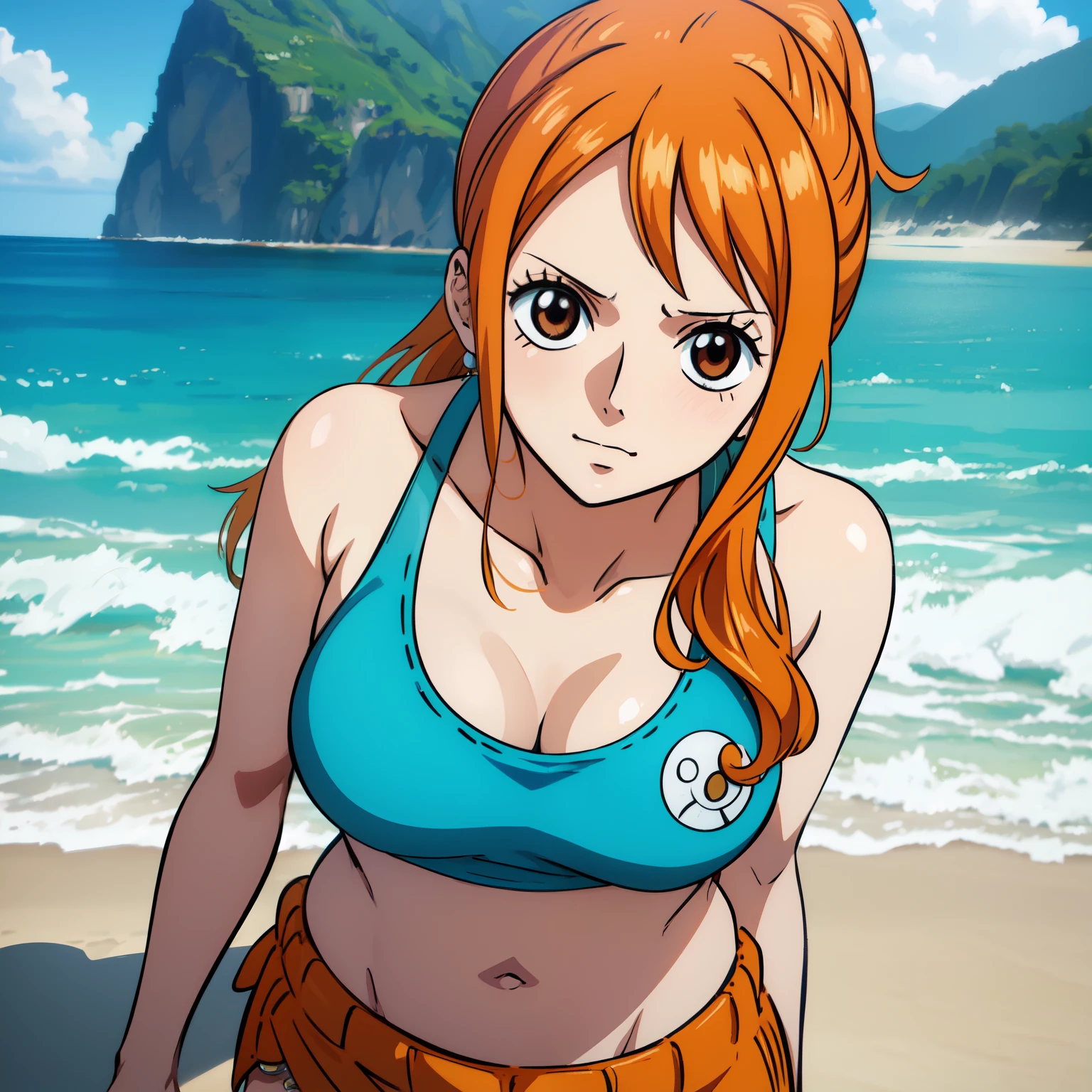 Nami from One Piece, Long orange ponytail hair, Beautiful brown eyes, Blushing, T-Shirts, Enjoying a sunny day at the beach. The art style should resemble an appealing anime style. Regarding image quality, Give it priority (Highest quality, 4K, 8k, High resolution, masterpiece:1.2), Very detailed, and (Realistic, photoRealistic, photo-Realistic:1.37) rendering. To enhance the visual, Add HDR, 超High resolution, Studio Lighting, Ultra-fine painting,