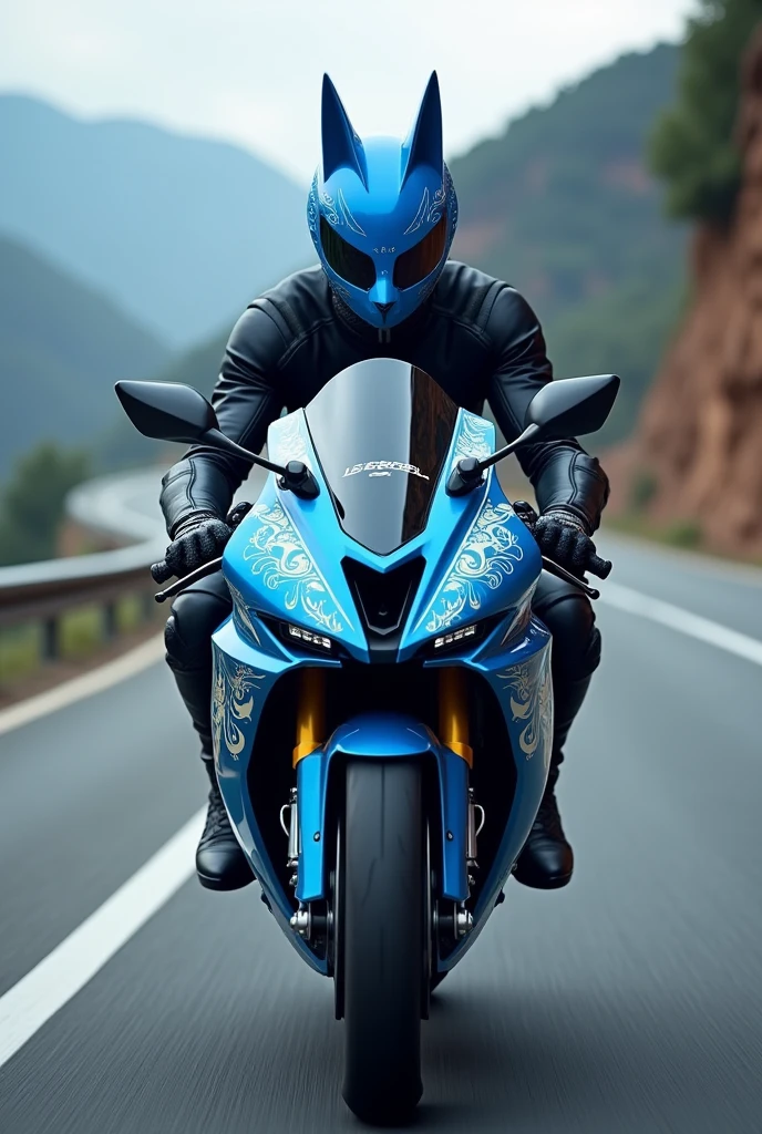 Motorcyclist with a blue Kitsune themed mask
