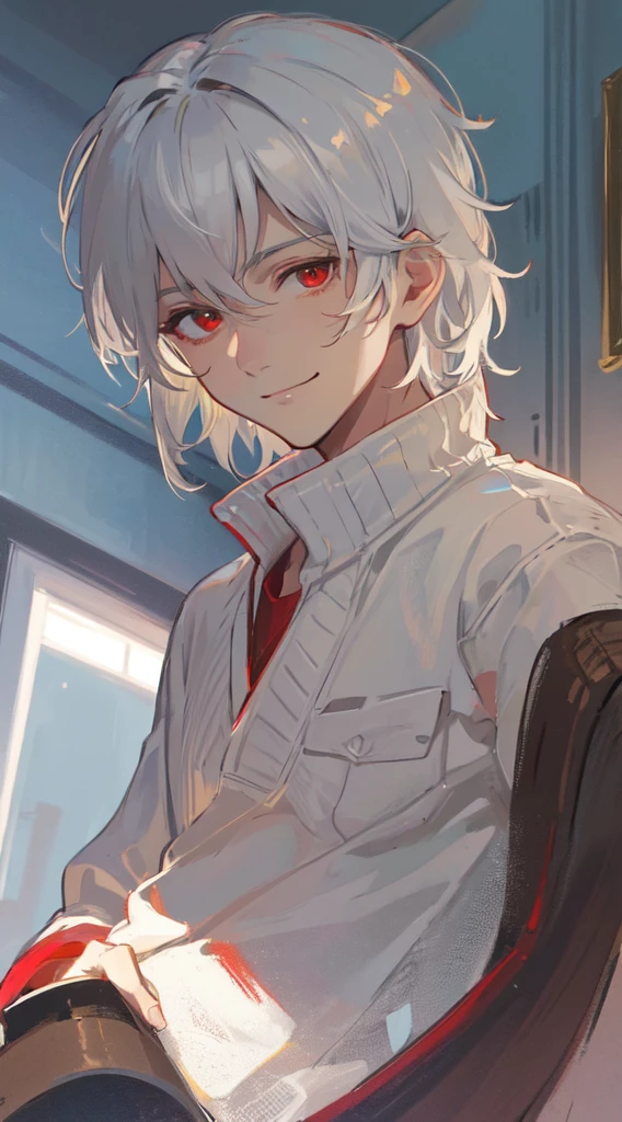 1Mature man, masterpiece, best quality, Practical, 1 person, Mature man, Moderate, Smile, Residence, portrait, Extremely detailed face, (Messy short hair), (White hair), (Red Eyes），Soft white sweater，Unparalleled handsomeness