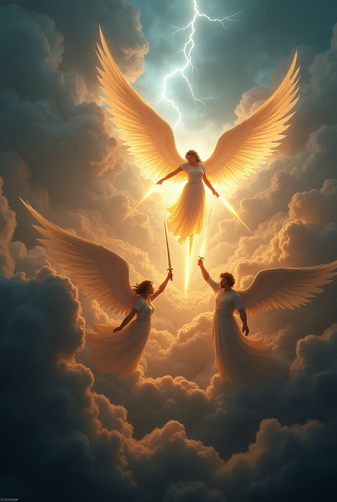 Create an intense battle scene in the sky. Many Angels fight with luminous swords. Lucifer faces Archangel Michael, that shines with a divine light. Add lightning and dark clouds in the background to intensify the conflict..