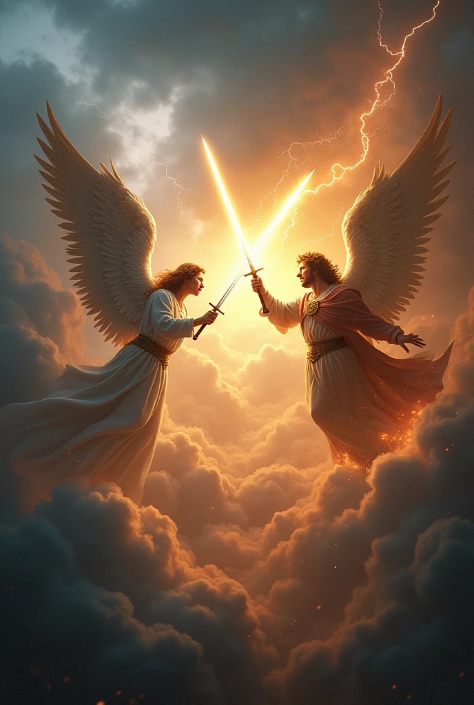 Create an intense battle scene in the sky. Many Angels fight with luminous swords. Lucifer faces Archangel Michael, that shines with a divine light. Add lightning and dark clouds in the background to intensify the conflict..