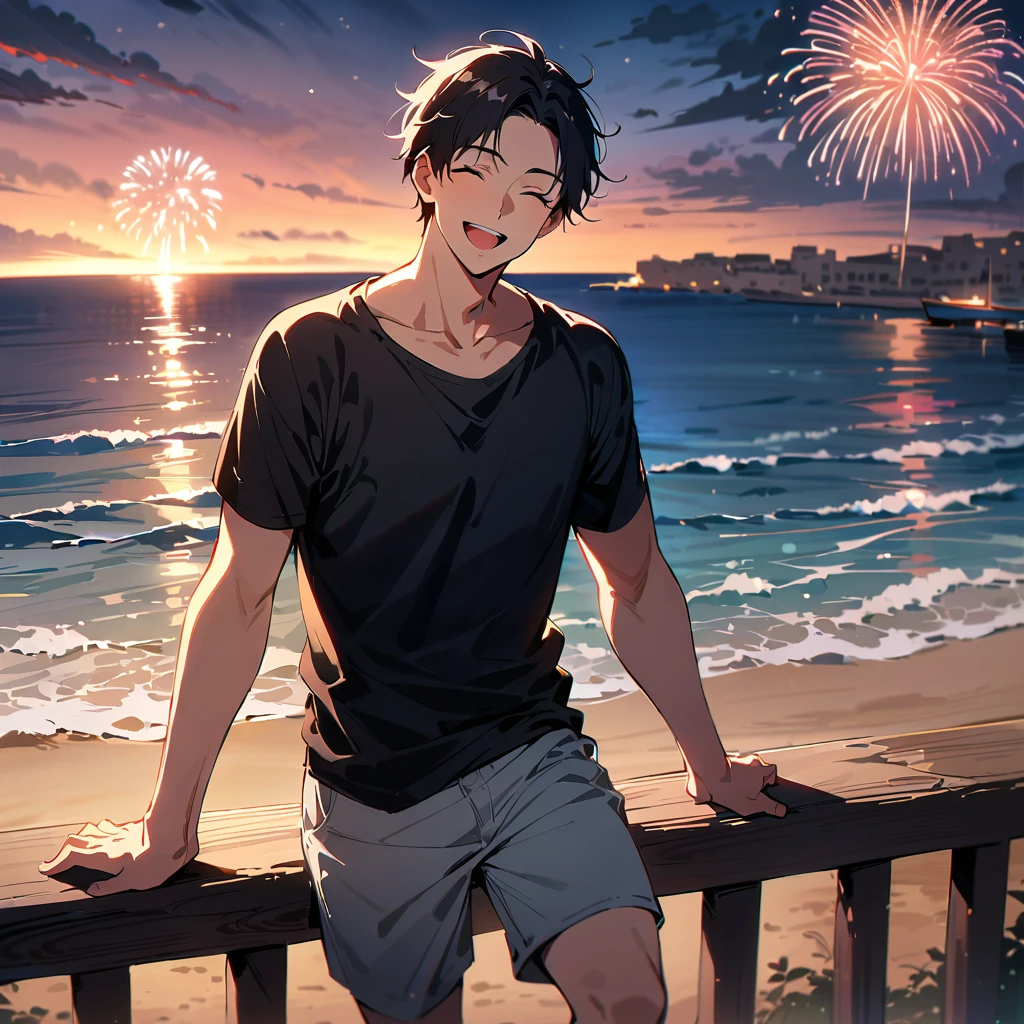 (masterpiece, best quality:1.2),1man, (solo), black short hair, close eyes, magnificent view, blur background, 8K, collarbone, sky, smile, open mouth, Malta, sea, black T-shirt, short pants, Japanese man, fireworks, beach, 30 years old, 