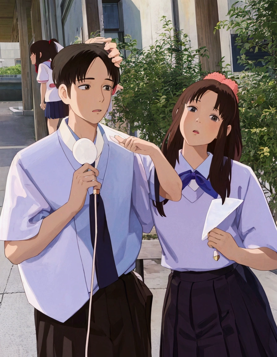 ghibli style, they are two people standing next to each other in a street, jk uniform, magical school student uniform, wearing school uniform, kim doyoung, wearing a school uniform, wearing japanese school uniform, magic school uniform, jinyoung shin, school uniform, ulzzang, lovely couple, cai xukun, japanese school uniform, jaeyeon nam, sakimichan, official