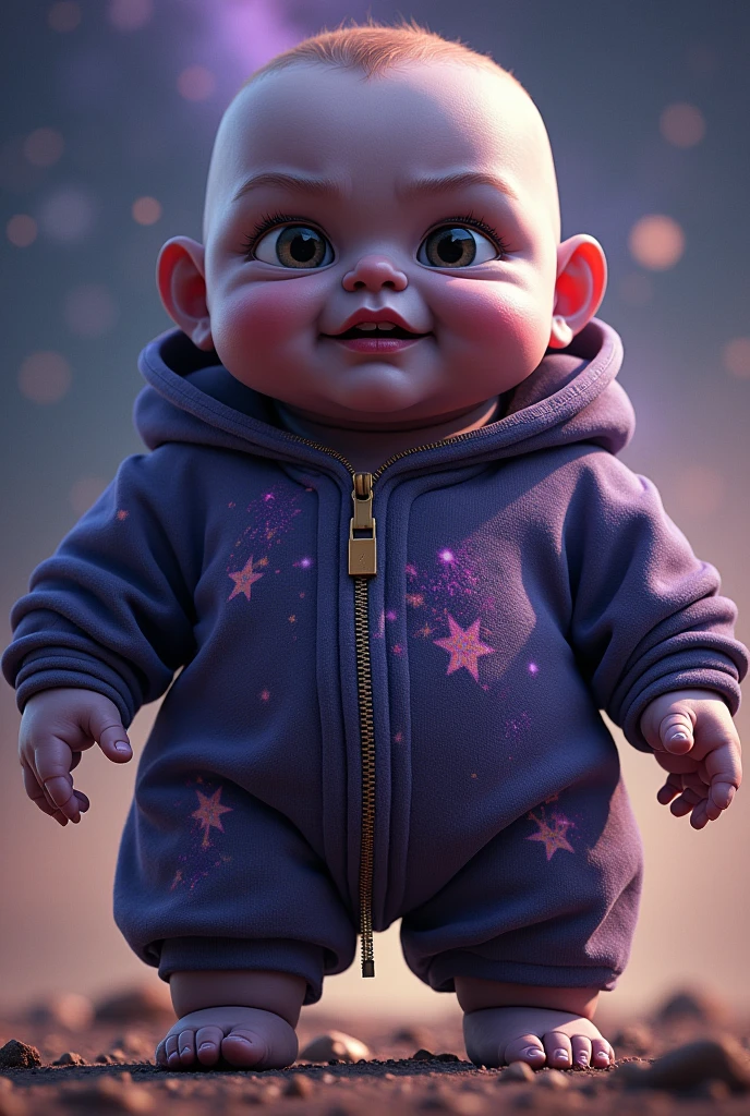 "A powerful, imposing figure with a stern and weathered face similar to Thanos, but with the body of a baby. The character's face has deep lines, a strong jawline, and piercing eyes, reflecting wisdom and authority. The body, however, is small, chubby, and childlike, with tiny arms and legs. The skin is a mix of rugged textures on the face and soft, smooth baby skin on the body. The character is dressed in an oversized, cosmic-themed onesie, with celestial patterns and colors like deep purples and blues. The background is a cosmic landscape with stars, galaxies, and swirling nebulae, enhancing the surreal and humorous contrast between the powerful face and the baby-like body."