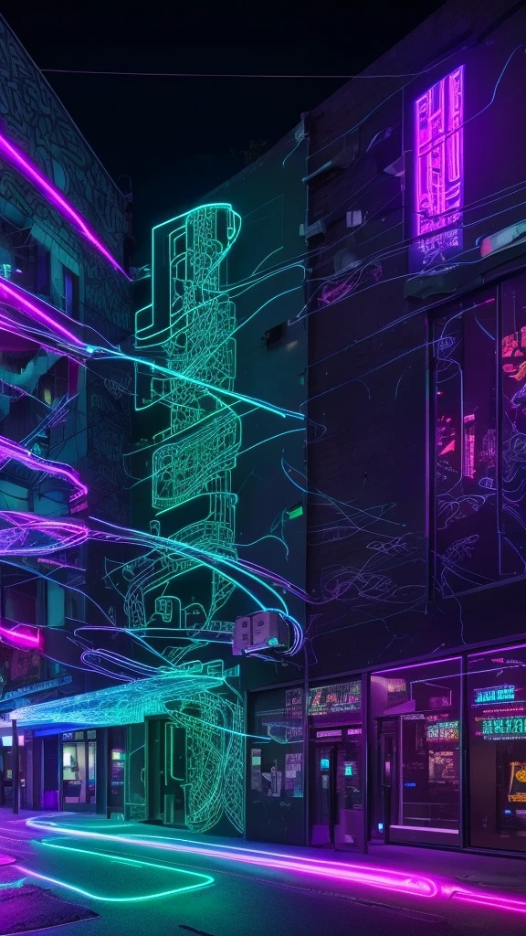 Create a cyberpunk snake design with a wire-like body and glowing circuit panels along its back.. The snake slithers across the walls of a building covered in digital graffiti and holographic screens.."
